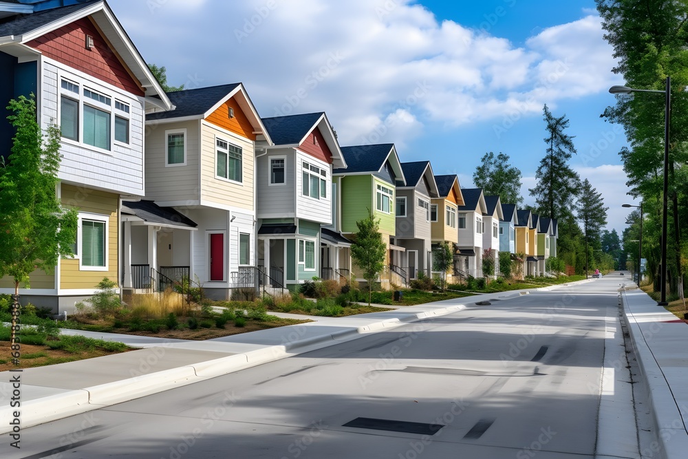 Charming Neighborhood with Lush Trees and Sidewalks Leading to Cozy Homes on a Quiet Street Generative AI Charming Neighborhood with Lush Trees and Sidewalks Leading to Cozy Homes on a Quiet Street Generative AI