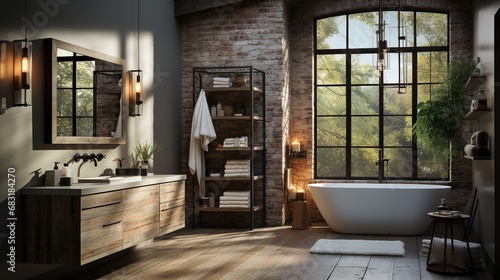Modern bathroom interior industrial style with bathtub and window © Natalia S.