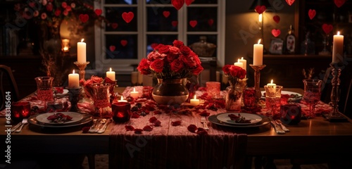 A cinematic scene of a romantic dinner table, adorned with Decorator-patterned candles and place settings, creating an enchanting ambiance for Valentine's Day