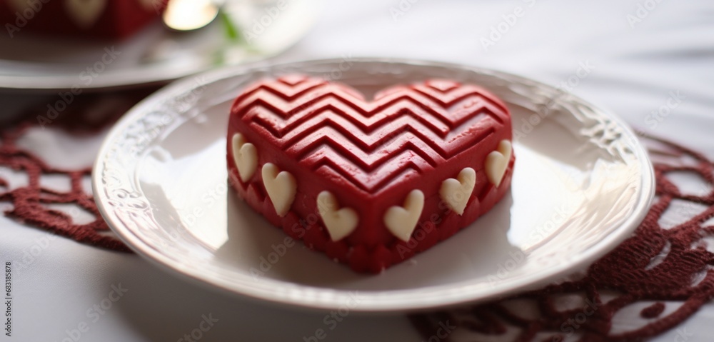 A close-up photograph of a heart-shaped Herringbone pattern etched into a Valentine's Day dessert, adding a touch of elegance to sweet indulgences A close-up photograph of a heart-shaped Herringbone pattern etched into a Valentine's Day dessert, adding a touch of elegance to sweet indulgences