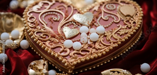 A close-up shot of a glamorous Valentine's Day-themed dessert, adorned with intricate patterns of edible gold, silver, and pearls, creating a decadent and visually stunning treat