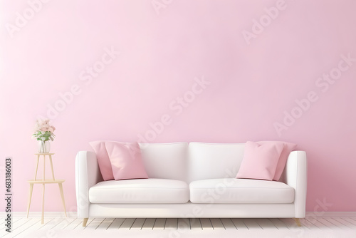 Interior home design. Minimalistic living room decoration. Pink color.