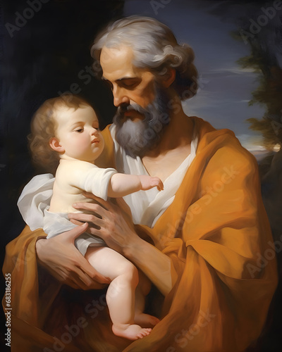 Saint Joseph hugging baby Jesus, Son of God, Christmas nativity scene photo