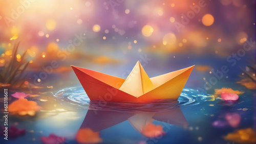 Origami paper boat floating in water	.