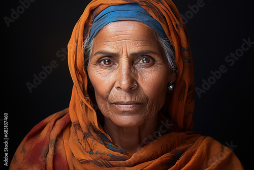 Portrait of a Punjabi elderly wrinkled woman in a traditional costume with a headscarf looking at camera, female nation shot photo