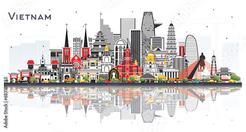 Vietnam city skyline with gray buildings and reflections isolated on white. Tourism concept. Vietnam cityscape with landmarks. Hanoi. Ho Chi Minh. Haiphong. Da Nang.