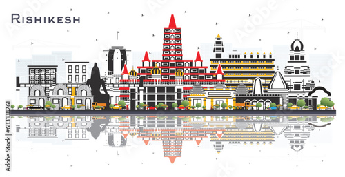 Rishikesh India city skyline with color buildings and reflections isolated on white. Business and tourism concept with historic architecture. Rishikesh cityscape with landmarks.