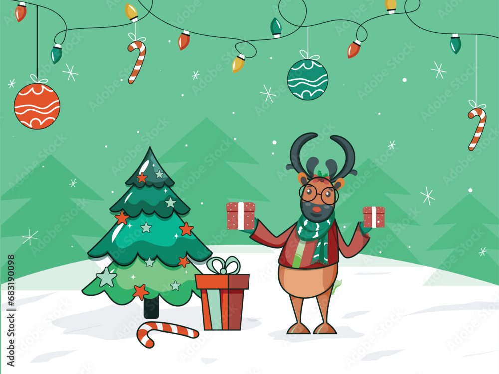 Merry Christmas Celebration Concept with Cartoon Reindeer Character Holding Gift Boxes, Xmas Tree, Hanging Baubles, Candy Cane and Lighting Garland Decorated on Snowy Green Background.