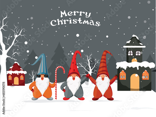 Merry Christmas Celebration Background with Cartoon Gnomes Characters and Snowy Houses in Snow Falling Time.