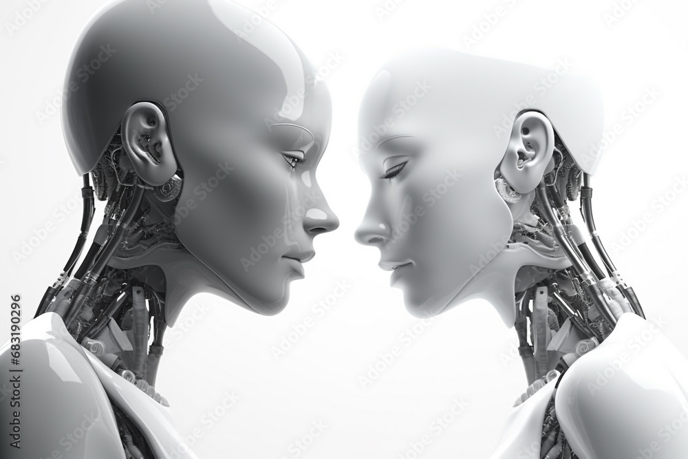 Sci-fi, technology concept. Abstract illustration of robot and human confrontation. Advanced artificial intelligence half human half robot portrait. Modern futuristic robot human assistant Sci-fi, technology concept. Abstract illustration of robot and human confrontation. Advanced artificial intelligence half human half robot portrait. Modern futuristic robot human assistant