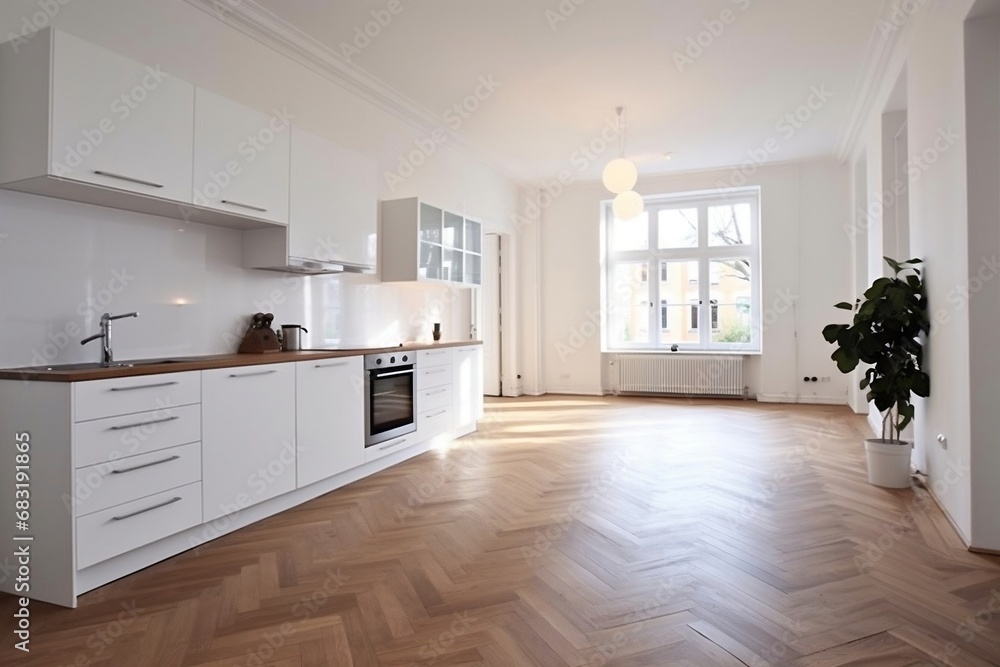white cabinets in light spacious modern empty open plan stylish refurbished apartment white cabinets in light spacious modern empty open plan stylish refurbished apartment