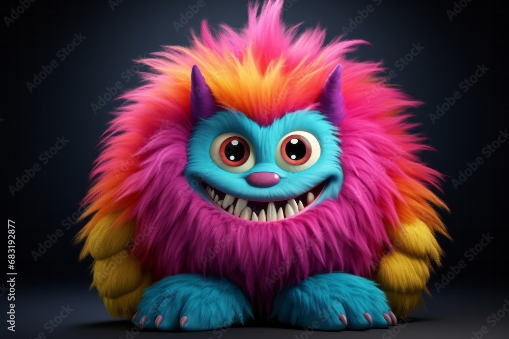 Cute multicolored furry monster 3D cartoon character.