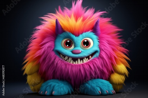 Cute multicolored furry monster 3D cartoon character.