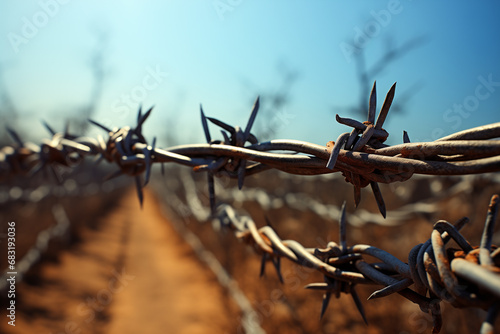 Barbed wire on sunny day front view photo