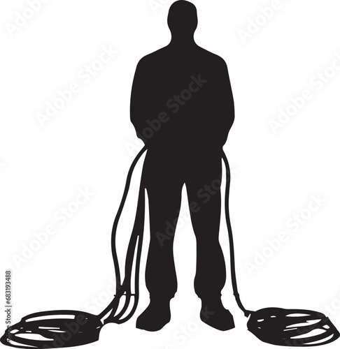 A Man Standing with lot of wire silhouette vector illustration. Silhouette cable with a person vector illustration.