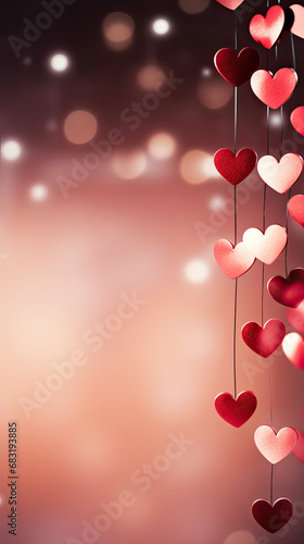 Valentine day hanging red hearts garland on blurred  pink background with lights, decorative banner with copy space, romantic phone wallpaper