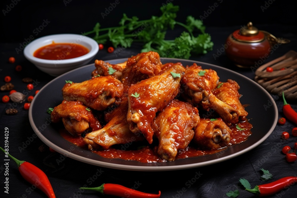 Photo baked chicken wings in the asian style and tomatoes sauce on plate, copy space , generative ai