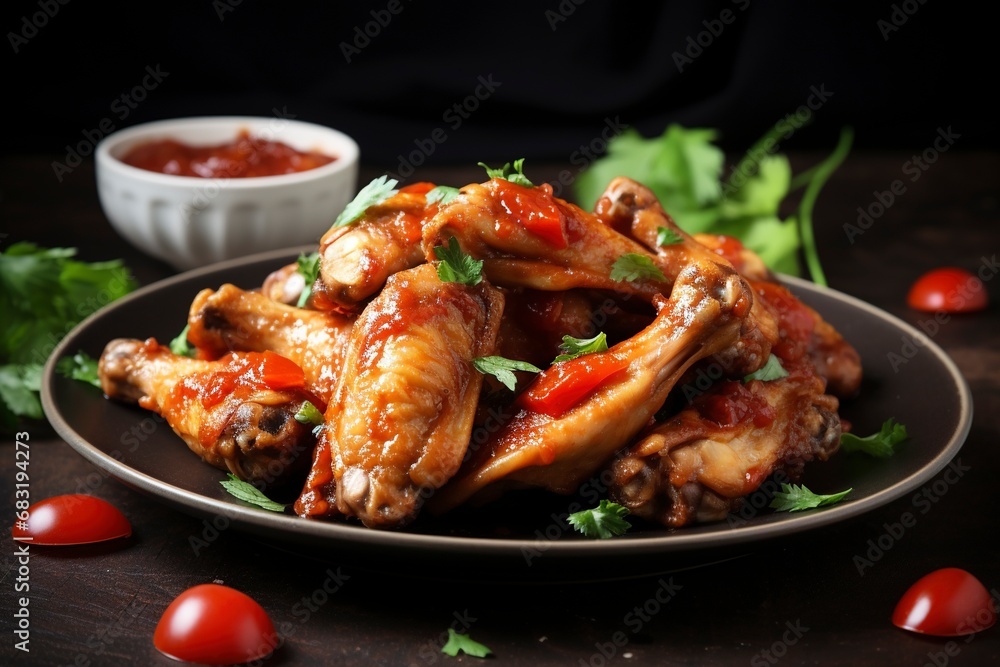 Photo baked chicken wings in the asian style and tomatoes sauce on plate, copy space , generative ai