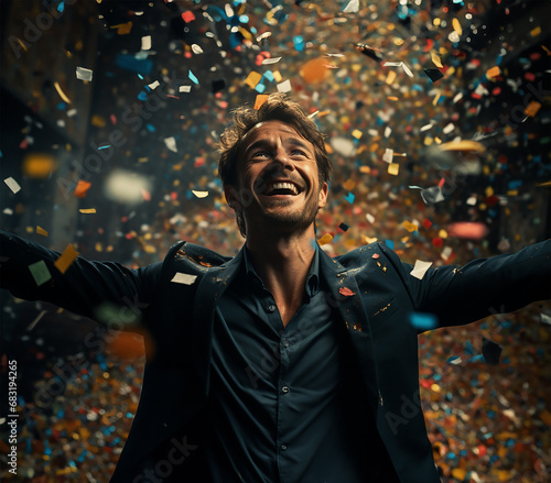 a happy man with open arms, surrounded by a shower of colorful confetti