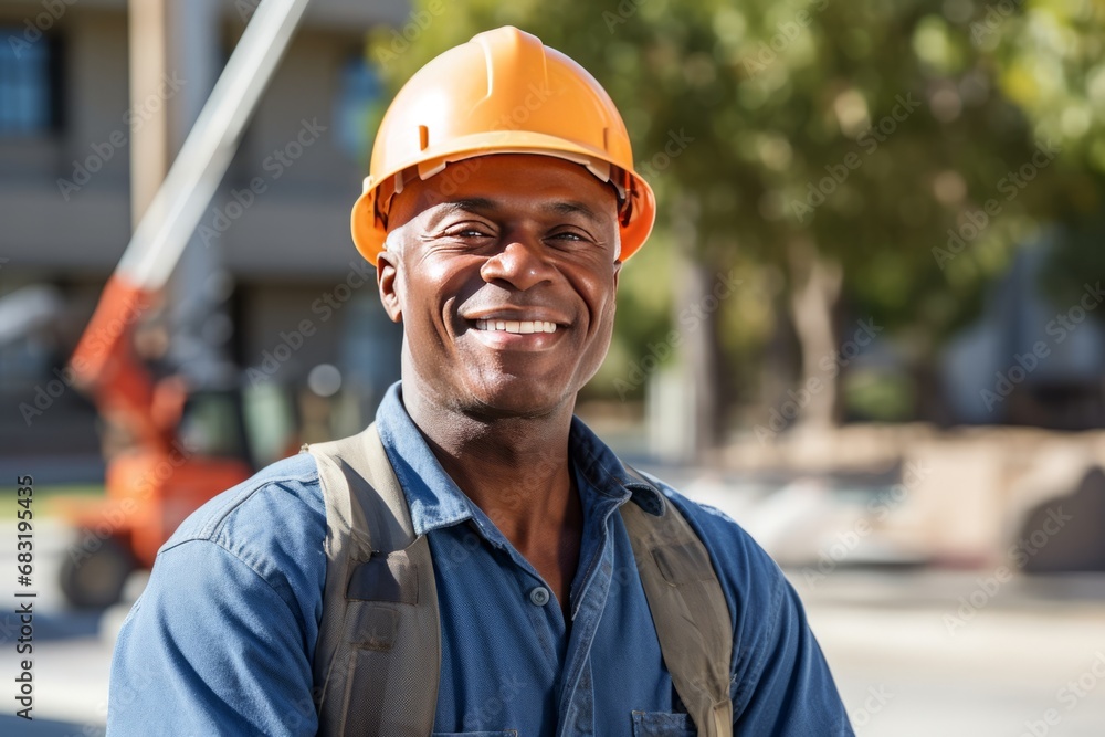 Mature Afro American happy handyman with hard hat. Worker in the plant Mature Afro American happy handyman with hard hat. Worker in the plant