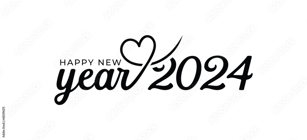 Happy New Year 2024 Logo Love. Modern Hand-drawn creative calligraphy vector logo design with love. Love 2024 New Year Logo Design