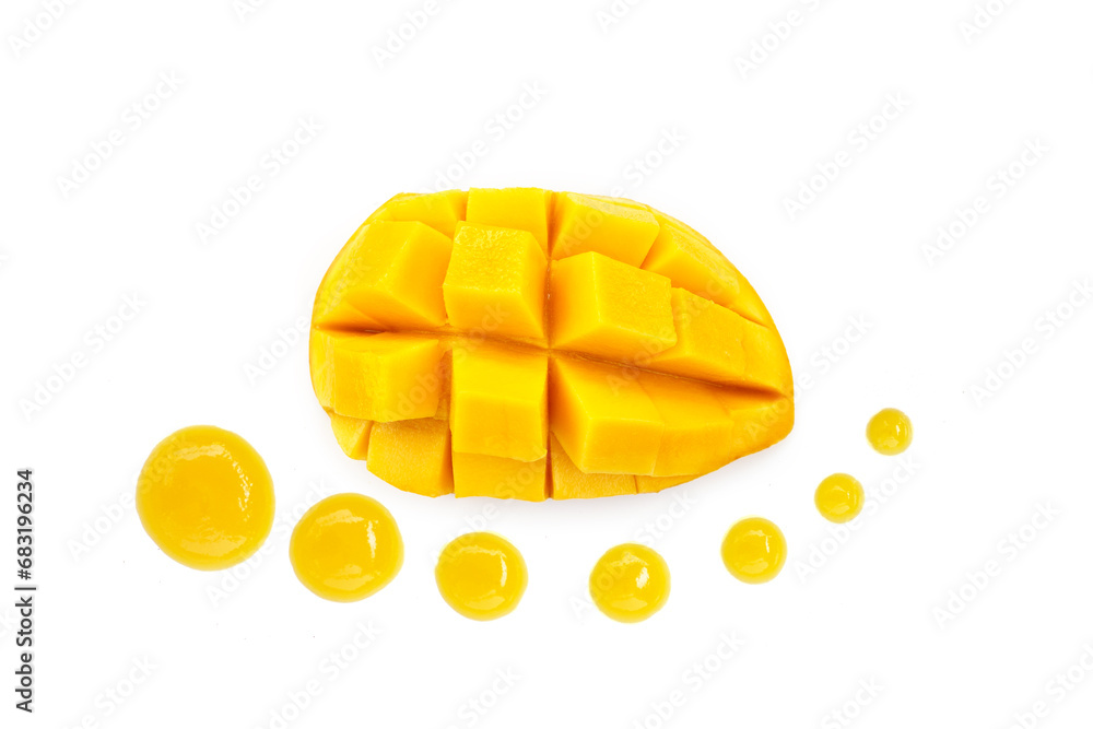 Mango with mango sauce on white background. Mango with mango sauce on white background.