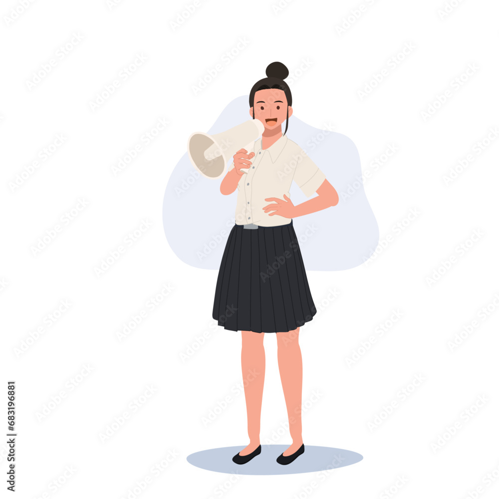 Thai University Student in Uniform with Megaphone. University Student in Uniform Shouting with Megaphone Thai University Student in Uniform with Megaphone. University Student in Uniform Shouting with Megaphone