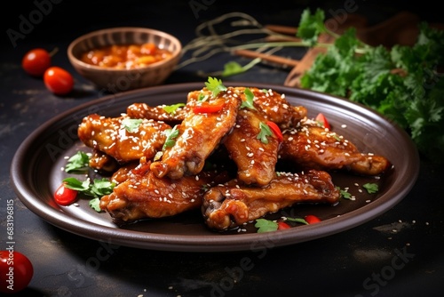 Photo baked chicken wings in the asian style and tomatoes sauce on plate, copy space , generative ai