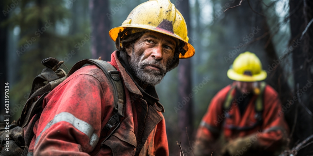 Fototapeta premium Expert Forest Fire Fighter: Combating Wildfires to Protect Ecosystems and Wildlife.