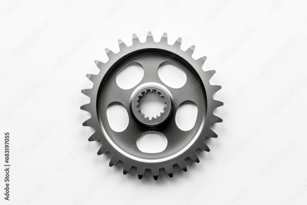 Metal gear top view on white background for mockup real photo Metal gear top view on white background for mockup real photo