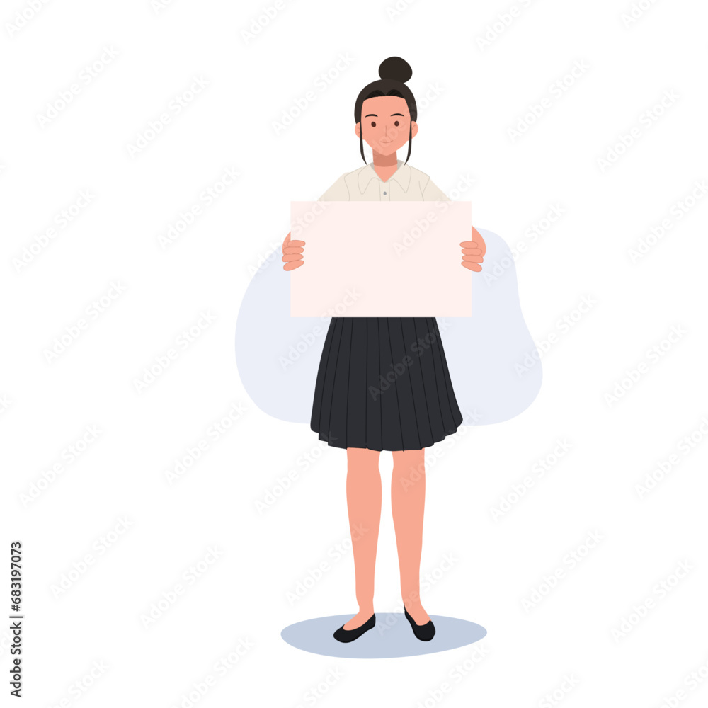 College Announcement Concept. Thai University Student in uniform is Holding Blank Board Sign College Announcement Concept. Thai University Student in uniform is Holding Blank Board Sign