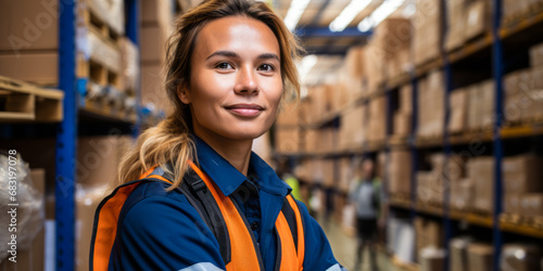 portrait of Female Woman Freight Forwarder, who Inspect the handling, storage, and stowing of freight and cargoes photo