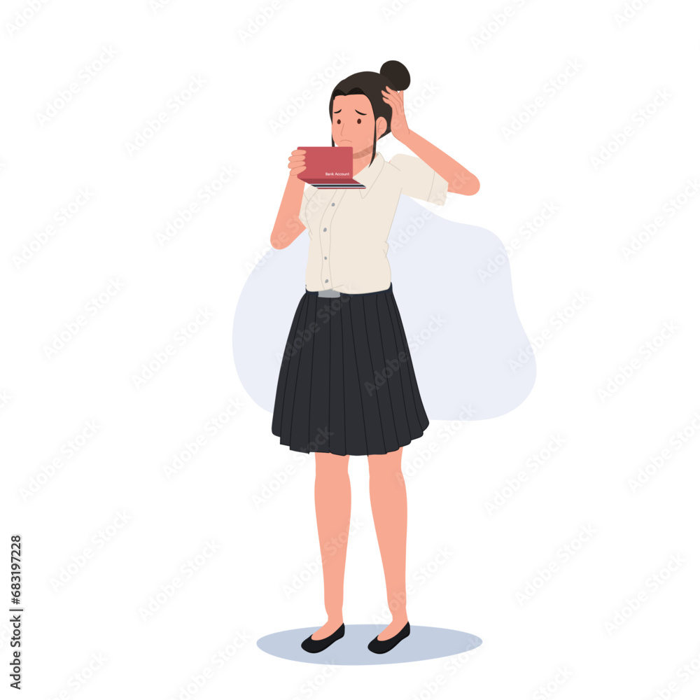 Worried Thai University Student Managing Financial Stress with Bank Account Book Worried Thai University Student Managing Financial Stress with Bank Account Book