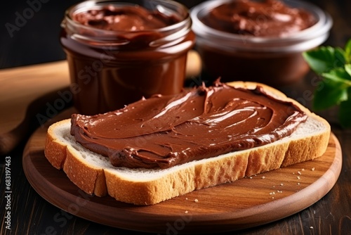 Chocolate spread on table delicious breakfast toasts