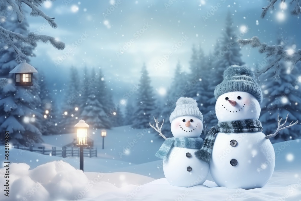 Winter background with snowmen in a Christmas landscape