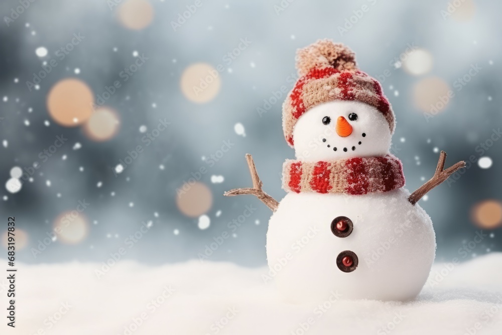 Christmas and New Year greeting card with empty space featuring a cheerful snowman