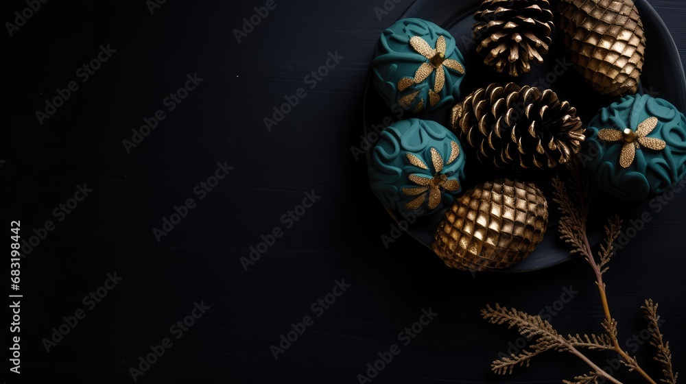 Fototapeta premium christmas bauble background black background with gold christmas trees and pine cones, in the style of dark black and teal, wood, rusticcore, dark black and red, green christmas decoration, wallpaper