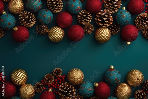 christmas bauble background red background with gold christmas trees and pine cones, in the style of dark red and teal, wood, rusticcore, dark red, green christmas decoration, winter xmas wallpaper