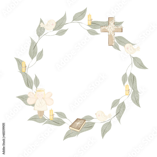 Round frame with an angel and branches with birds. Watercolor wreath with cute bible and candle designs. For designing cards and invitations for baby's christening photo
