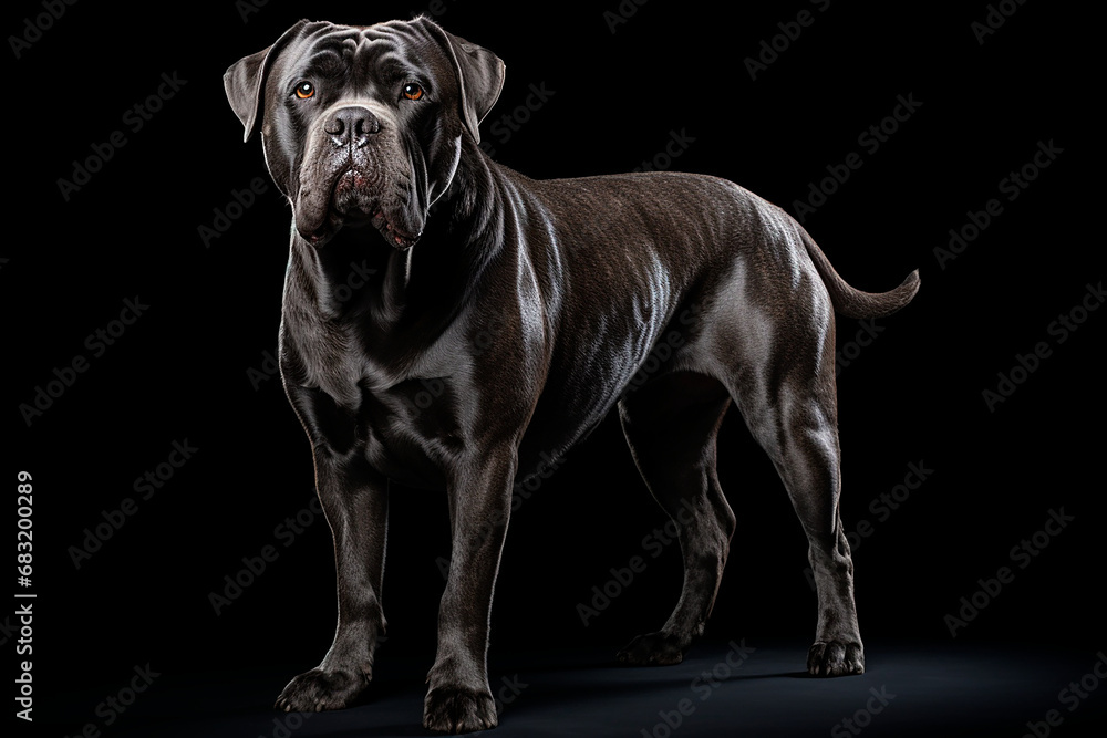 Obraz premium Cane Corso dog standing on a black background. Animal left-side portrait.