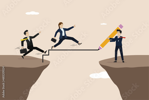 Supporting or helping employees to achieve business targets, leadership solution concept to overcome obstacles, entrepreneurial manager draws a line as a bridge to help team members to cross the chasm