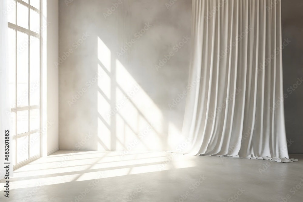 Fototapeta premium blackout curtain from open window on blank white concrete wall