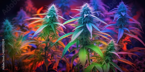 Marijuana plant growing under color lighting. Colored neon large leaves and buds of cannabis hemp. Generative AI photo
