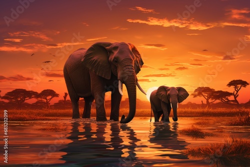 Family of elephants walking through the savana at sunset. Amazing African wildlife. Generative AI © kardaska