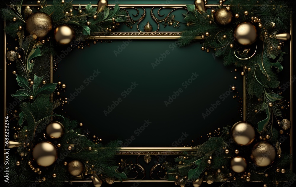 Christmas holiday celebration decoration background banner panorama, baubles and pine brnaches, on dark green table, top view