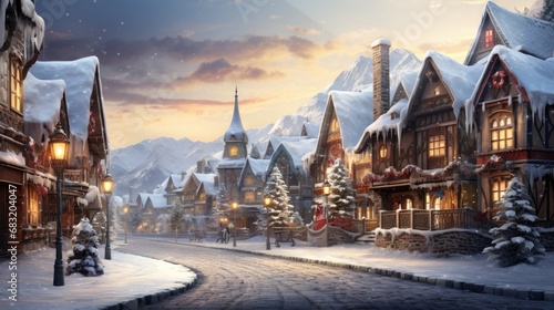 Silent snowfall over a quaint village, a serene winter fairytale come to life. © Rozeena
