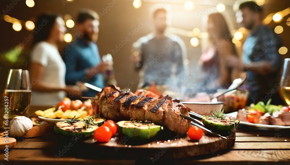 Epic BBQ Bash: Delicious Grilled Meat and Veggies Amid Party Goers