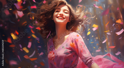 A joyful brunette girl with a radiant smile surrounded by colorful confetti dots.