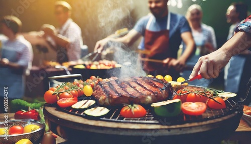 Grill Masterpiece: Sizzling Barbecue Delights on Blurred Party Scene
