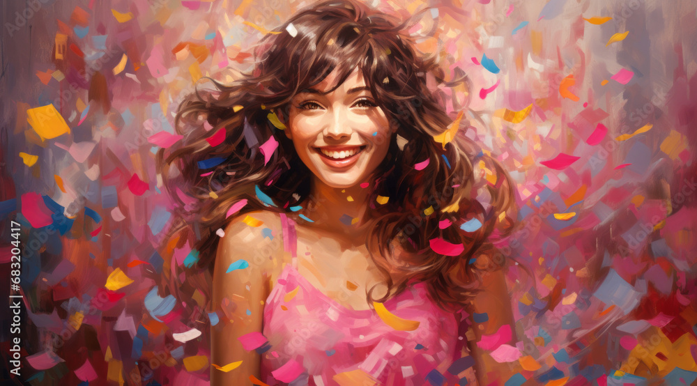 A joyful girl with a radiant smile surrounded by colorful confetti dots.